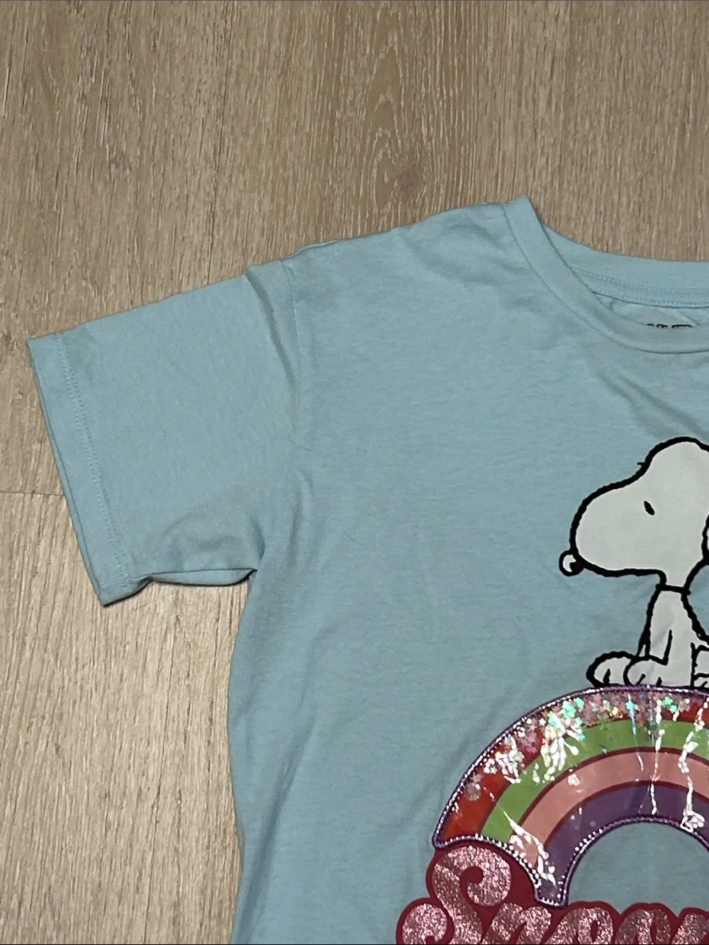 Peanuts Snoopy Light Blue Rainbow Sequin Star Bubble Girls Graphic Tee Sz XL
